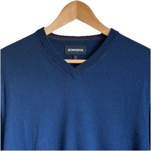 Bonobos Sweater Mens XL Blue Slim Fit V Neck Merino Wool Pullover Lightweight